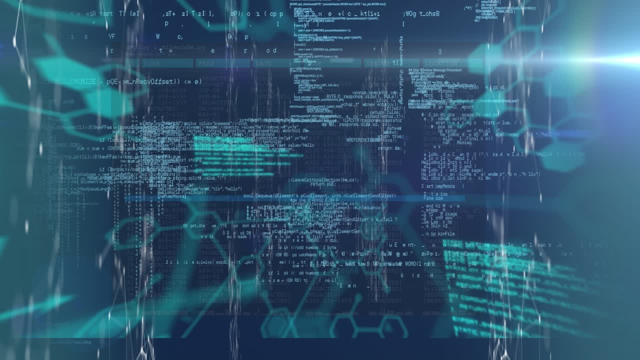 Animation of light trails and data processing over black background