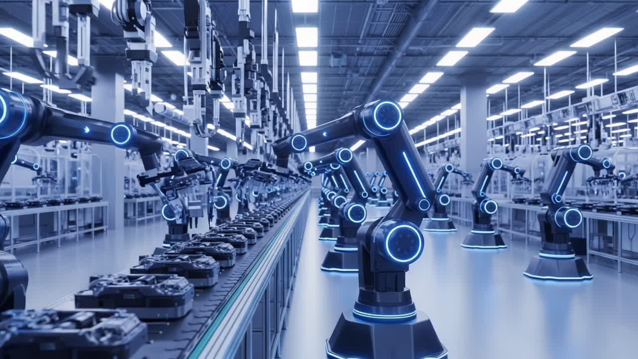 Advanced Automated Factory with Robotic Arms Working Harmoniously on Production Line, Showcasing Cutting-Edge Manufacturing Technology and Efficiency in Action
