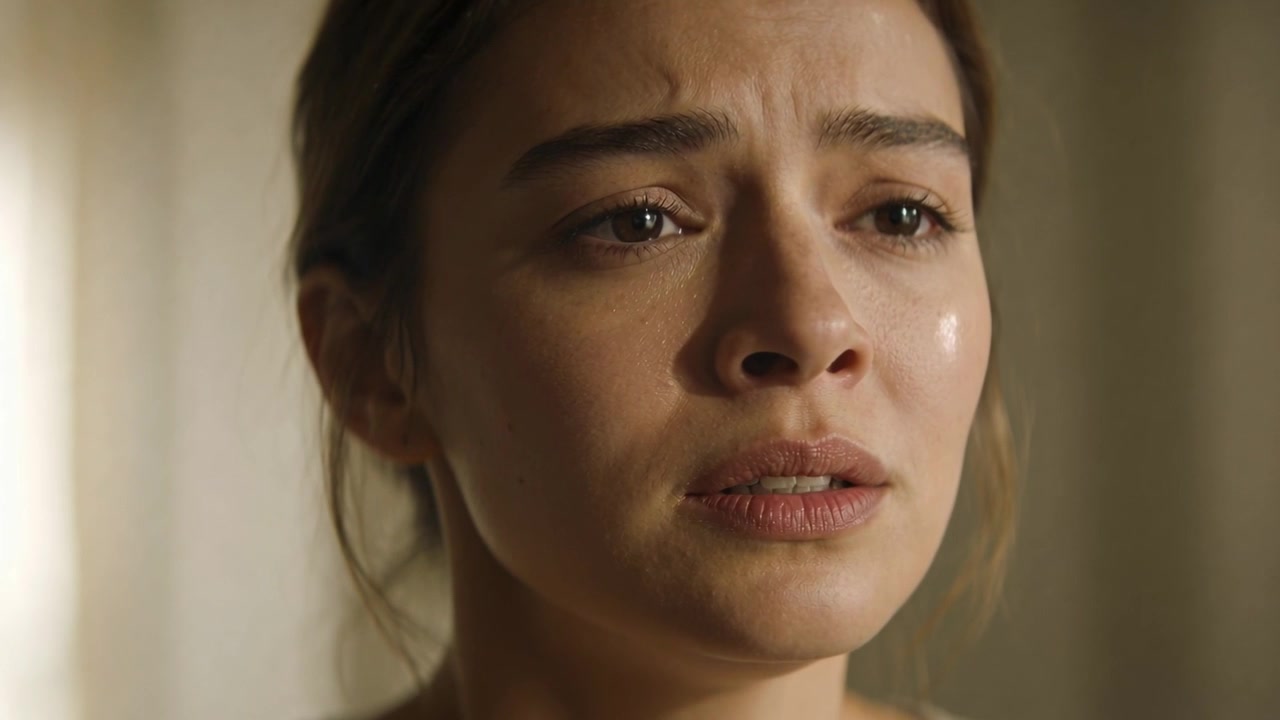 Hearing off-camera voice, woman speaking with teary eyes in bedroom near sheer curtain in light top