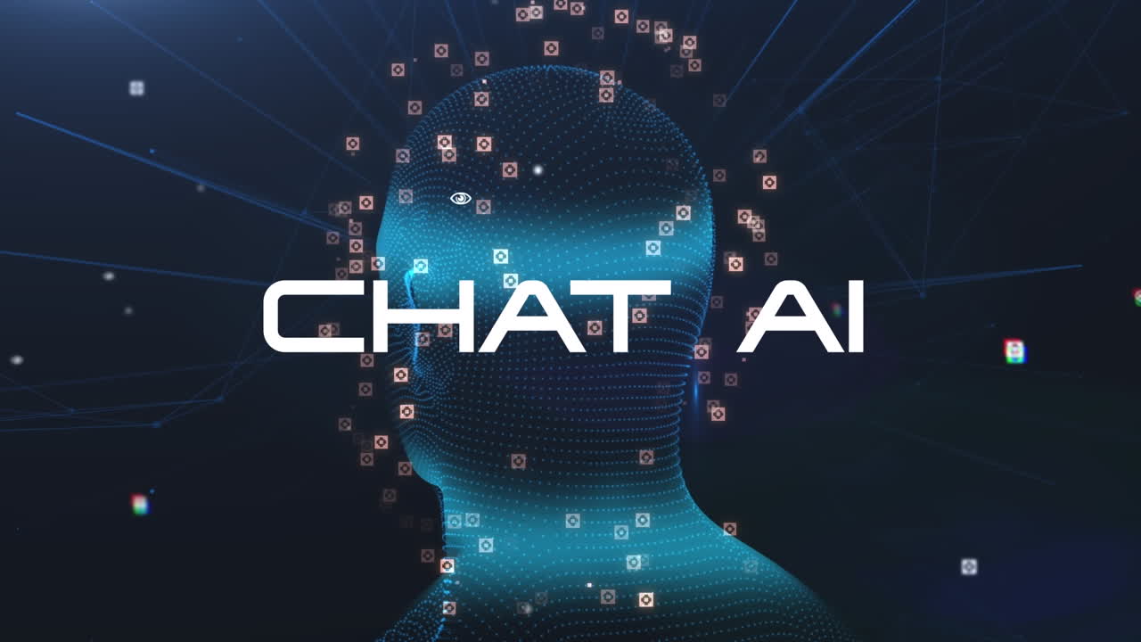 Animation of artificial intelligence text and data processing over human head