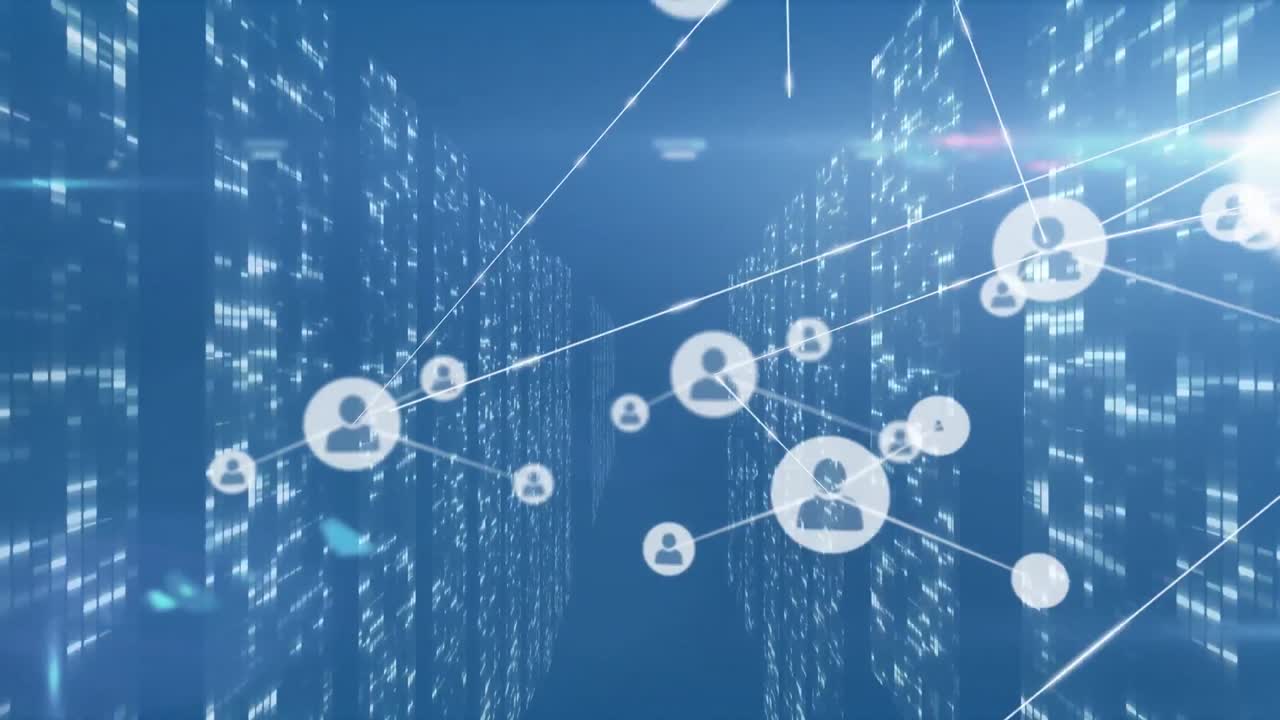 Animation of network of connections with icons over moving columns on blue background