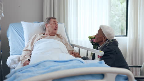 old man in bed, woman and hospital visit