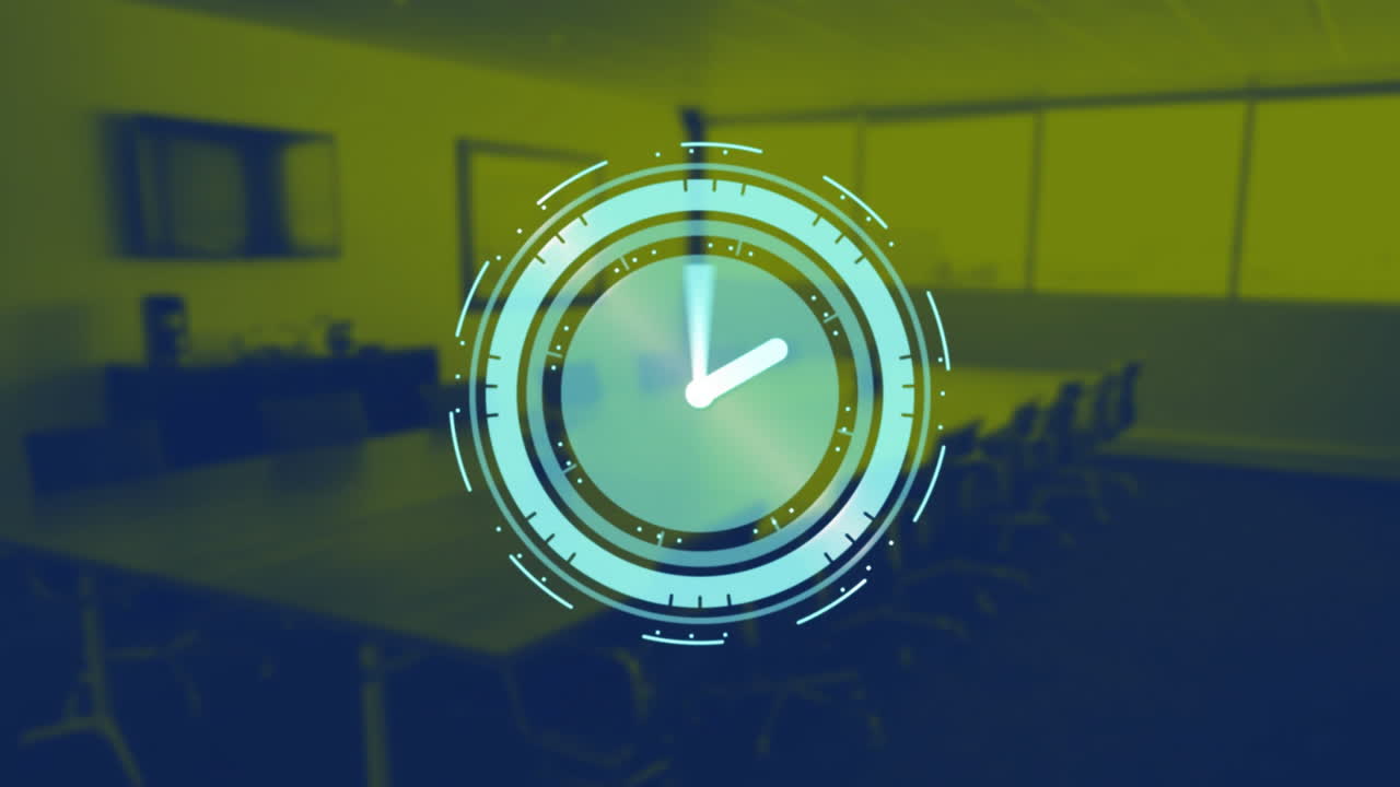 Animation of clock moving over empty office