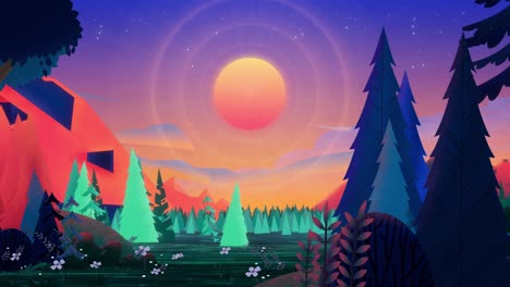 beautiful fabulous red and blue coniferous forest. view of the evening sky with stars and bright sun between two rocks.
