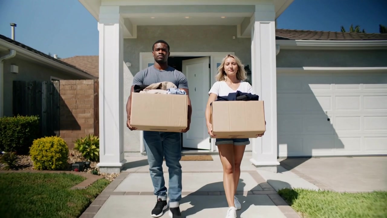 Door opening sending couple carrying boxes walking down porch toward camera, clothes visible