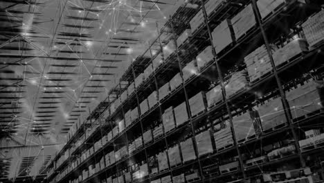 animation of network of connections over shelves in warehouse