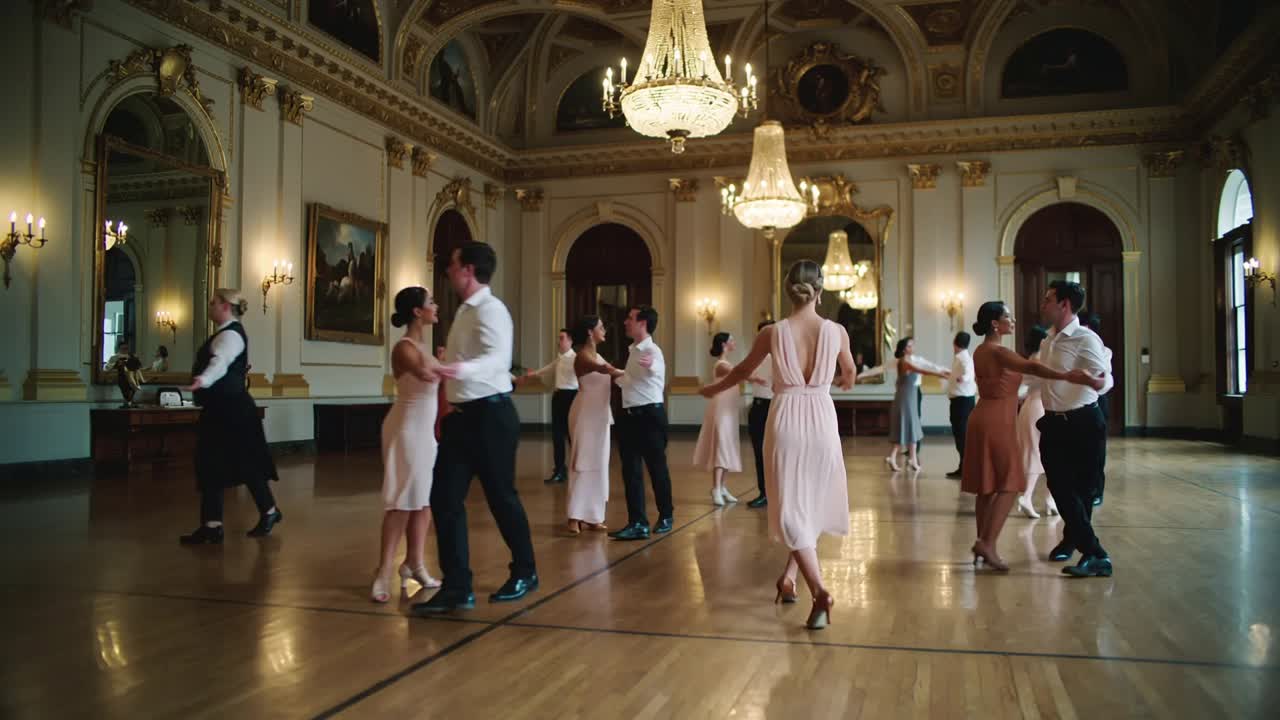 Music starting paired dancers rotating in ballroom, rehearsing in pastel dresses with chandeliers