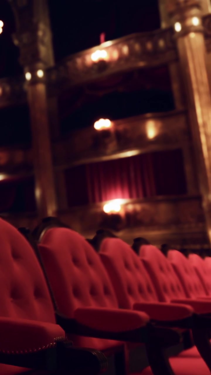 Le poltrone sono allineate nel teatro in attesa del prossimo spettacolo di notte.