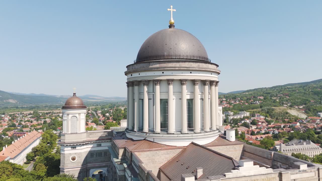 Drone view of Esztergom Basilica dome and towers in Hungary