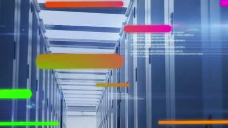 Animation-of-colorful-gradient-light-trails,-data-processing-and-light-spot-against-server-room