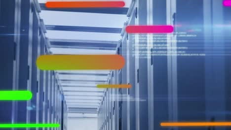 animation of colorful gradient light trails, data processing and light spot against server room