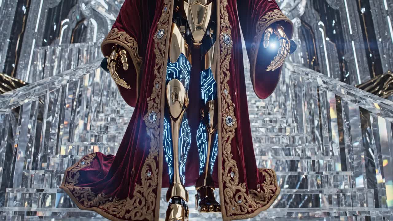 Futuristic Robot in a Red Robe on Crystal Stairs