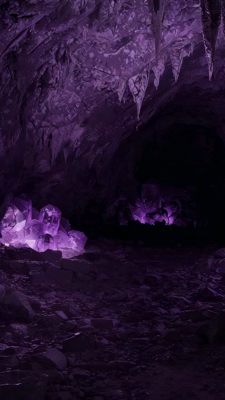 Video verticale: inquadratura della camera che si stabilizza su cristallo viola in una grotta, rivelando stalattiti, spazio per la copia