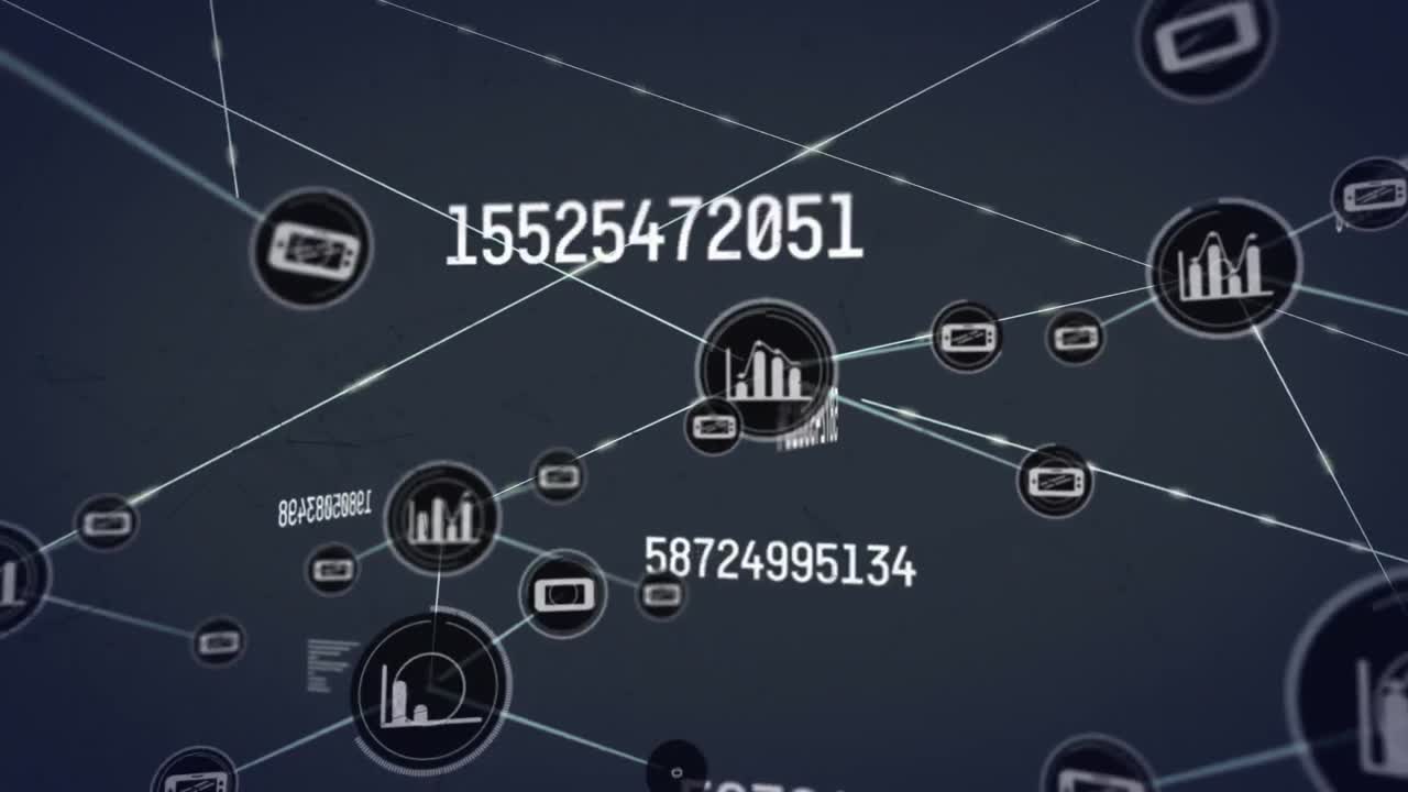 animación de iconos conectados sobre números cambiantes contra puntos conectados con líneas.