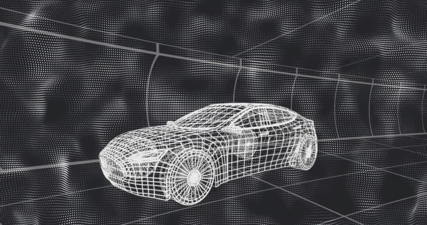 Al caricamento, griglia di nuvole di punti 3D che pulsa attorno a una coupé bianca in wireframe, sfumando in chiare linee di tunnel.