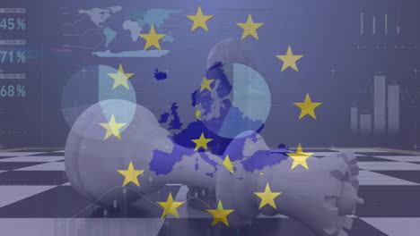 animation of financial data processing and flag of european union over chessboard