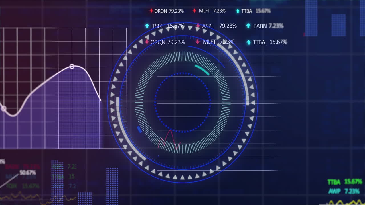 animación de un escáner redondo sobre el procesamiento de datos estadísticos y bursátiles sobre fondo azul