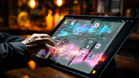 user interacting with a futuristic touchscreen device in a dimly lit bar