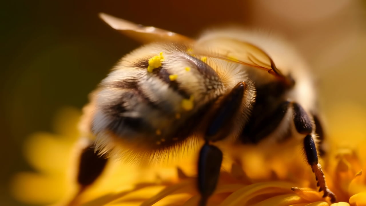 Cinematic Macro Honeybee On Yellow Flower Detailed Closeup Of Bee Foraging Pollen On Stamen, Warm Golden