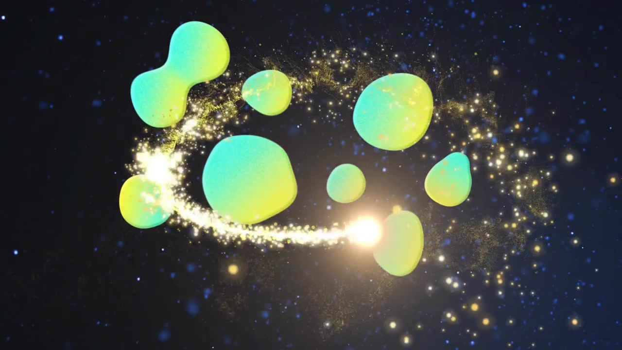 右から金色のきらめきを伴って彗星が現れ、グラデーションの塊を取り囲み、テクノロジーを表現している