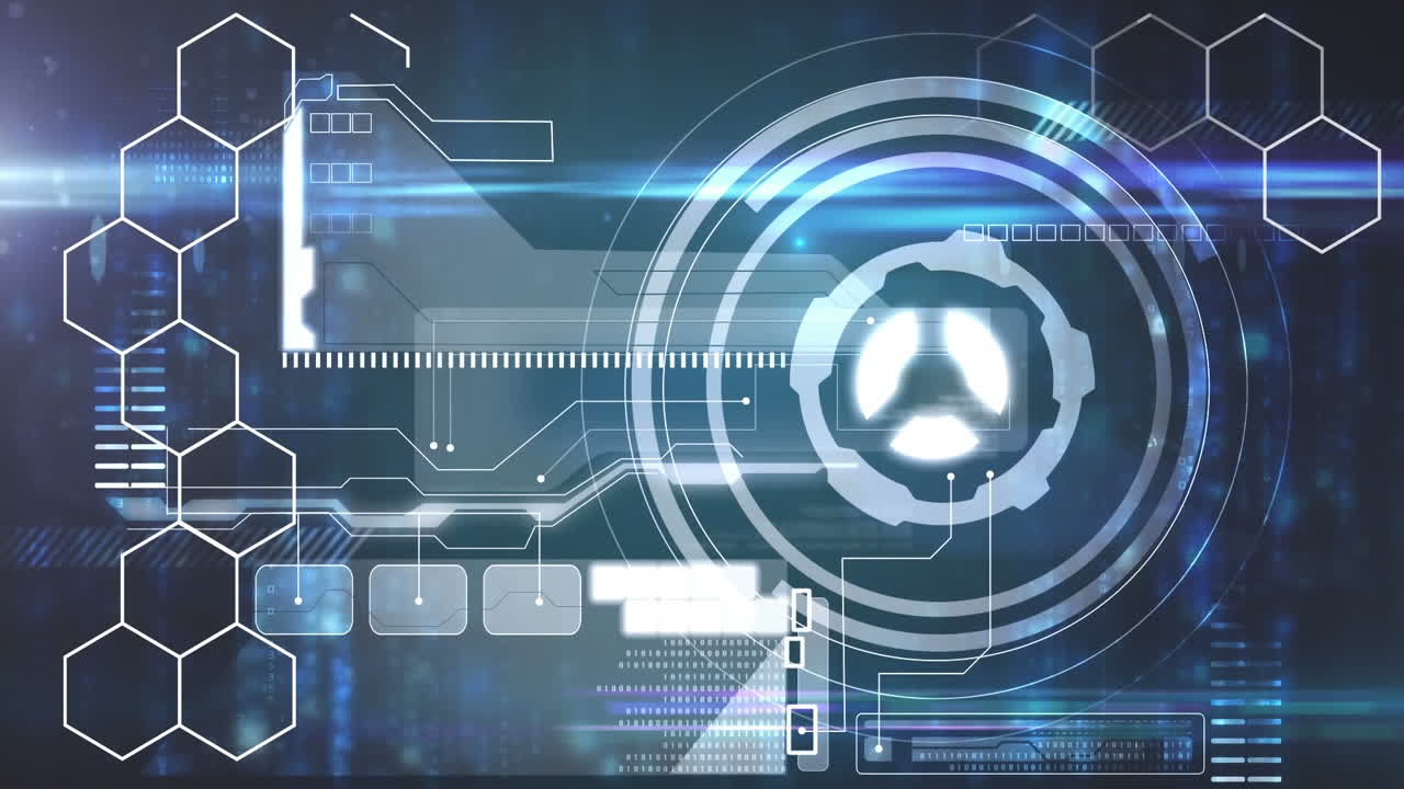 Animation of interface with round scanner and data processing against blue background