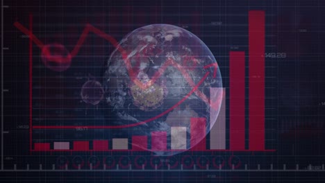 Animation-of-digital-interface-showing-statistics-with-floating-covid-19-cells-and-spinning-globe