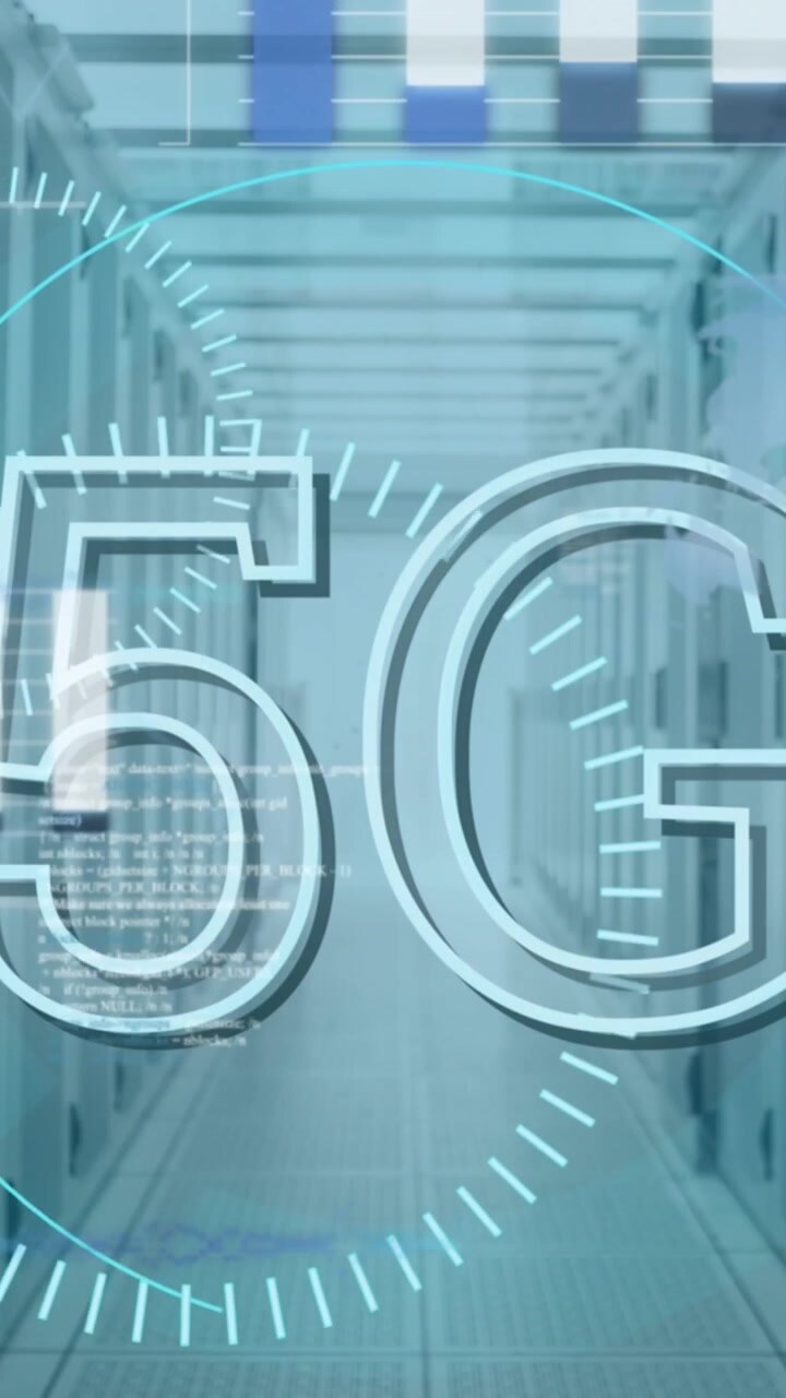 Animation of 5g text, round scanners and statistical data processing against computer server room
