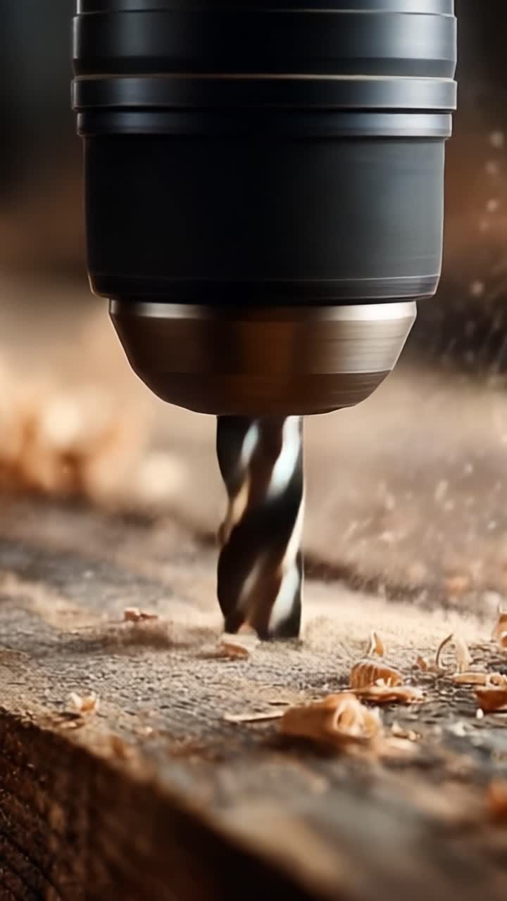 Primo piano di un trapano elettrico in azione: lavorazione del legno di precisione e artigianato evidenziati in due fotogrammi che mostrano il processo di foratura e i trucioli di materiale