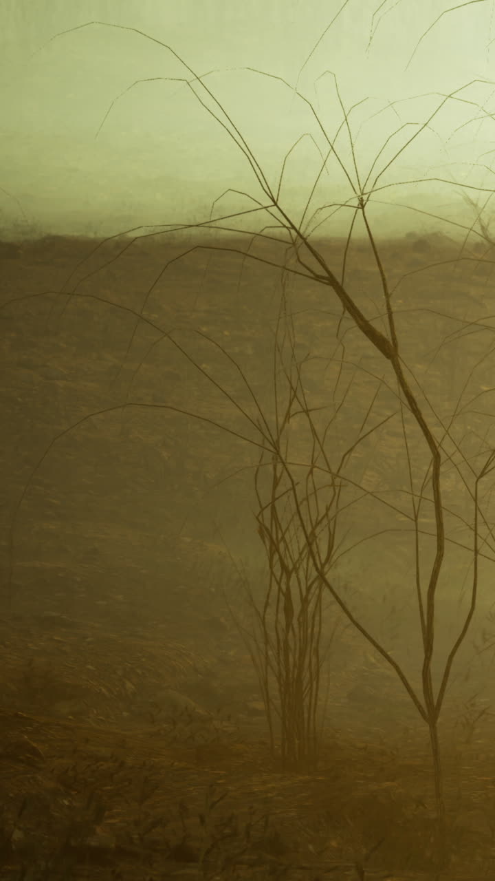 Faded landscape with thin branches in soft light during foggy weather