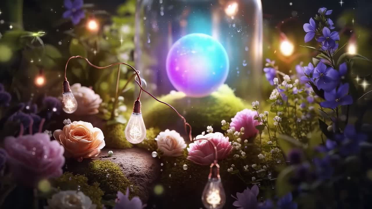 Escena de jardín encantado con orbe brillante, luces de hadas y flores