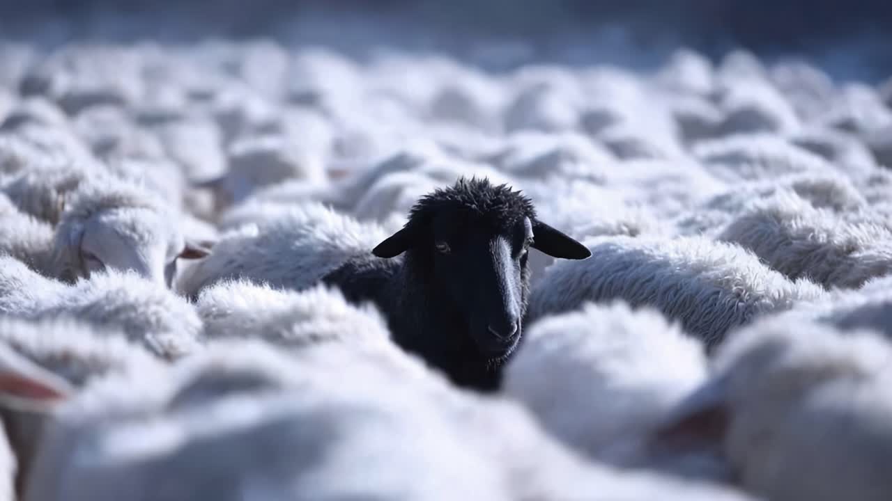 A Solitary Black Sheep Stands Out Among a Sea of White Sheep, Highlighting the Unique Beauty of Individuality in Nature's Herds