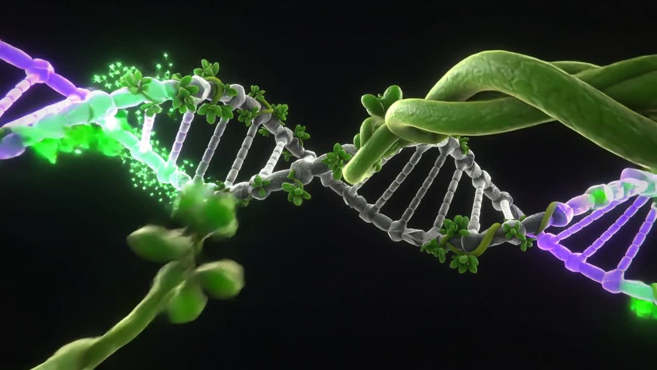 Elica di DNA viola che si intreccia da una vite verde, emergendo da destra su un vuoto nero, con particelle verdi che scintillano.