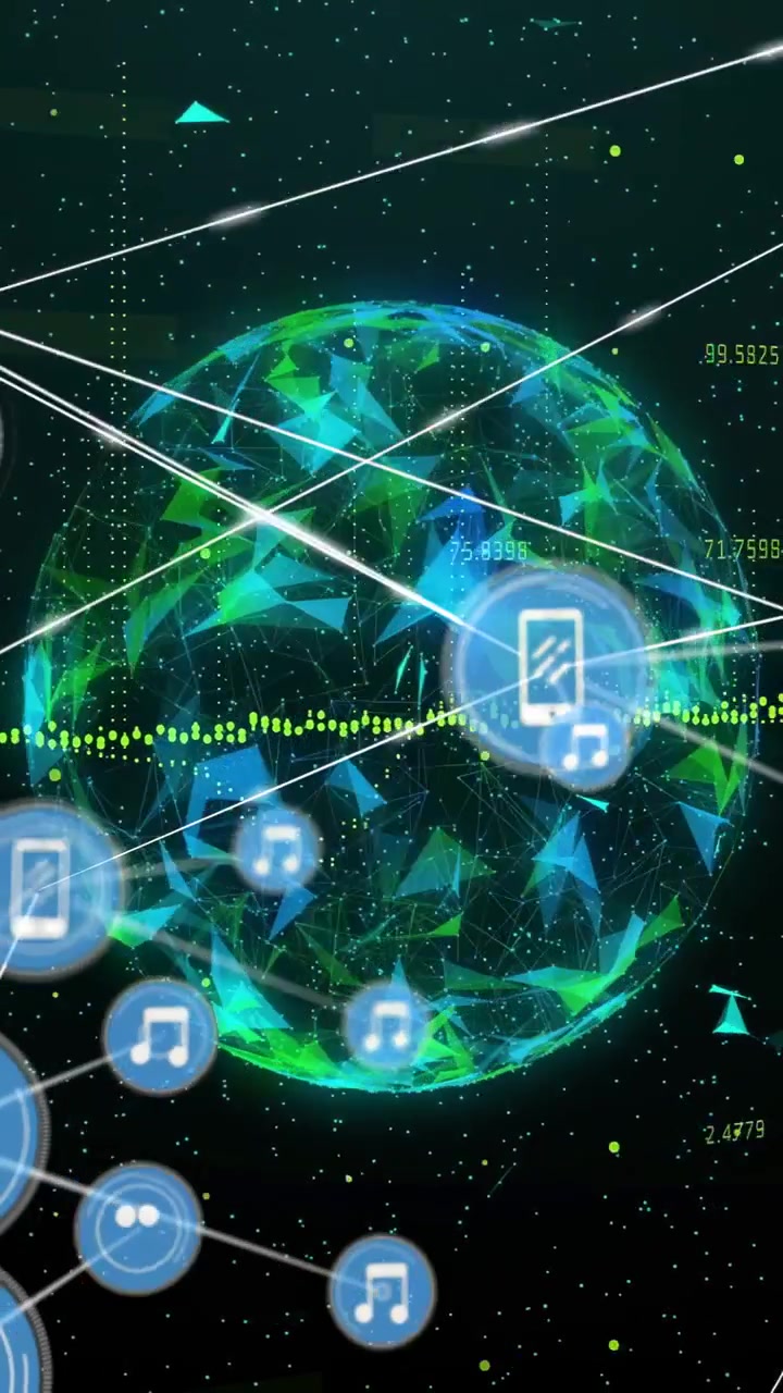 Vertical video: Central smartphone hub spawning nodes via data pulses, mapping technology network