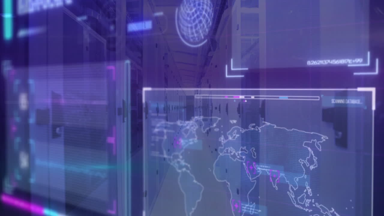 animación del procesamiento de datos con el mapa del mundo sobre la sala del servidor