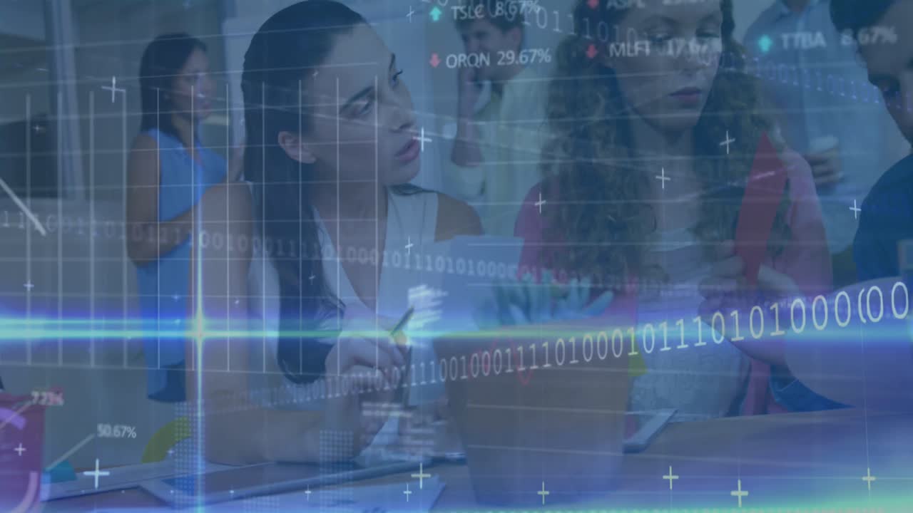 Animation of binary coding and financial data processing over business people in office