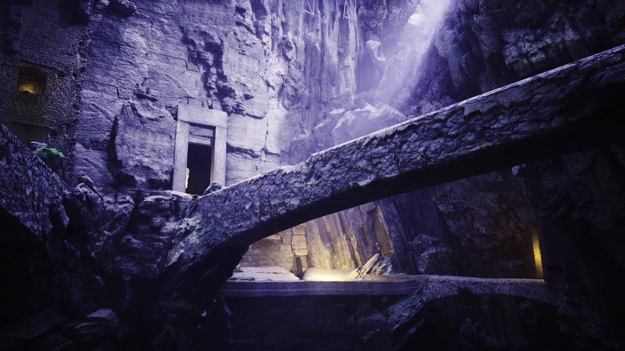 Ponte de pedra com lanternas, arcos cobertos de musgo sob uma cachoeira luminosa