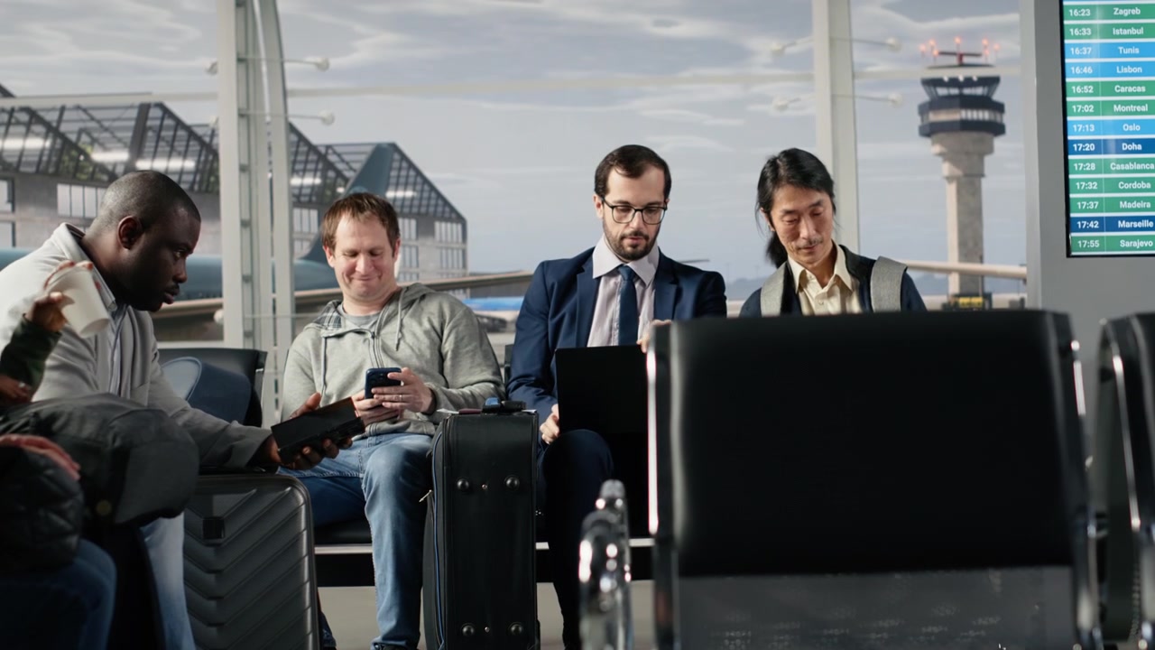 Empresário asiático e colega em lounge de aeroporto verificando o painel de partidas.