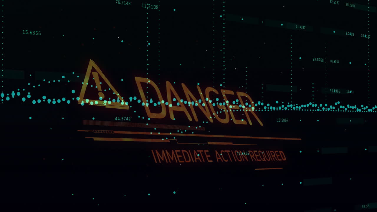 Orange hazard icon pulsing on dark interface, highlighting danger triangle with teal data streams