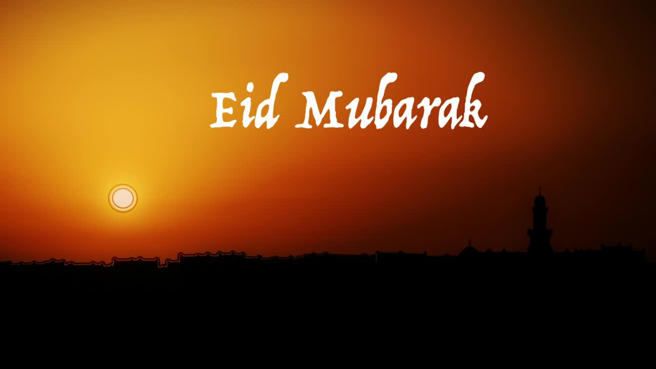 Eid Mubarak. Mosque with Sunset in Black over Orange background.