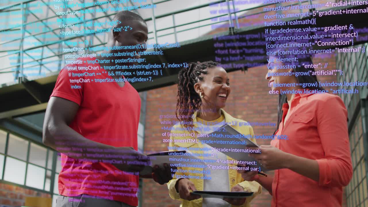 Team of three gesturing with tablet, initiating code overlay, exchanging docs, reviewing tech plan