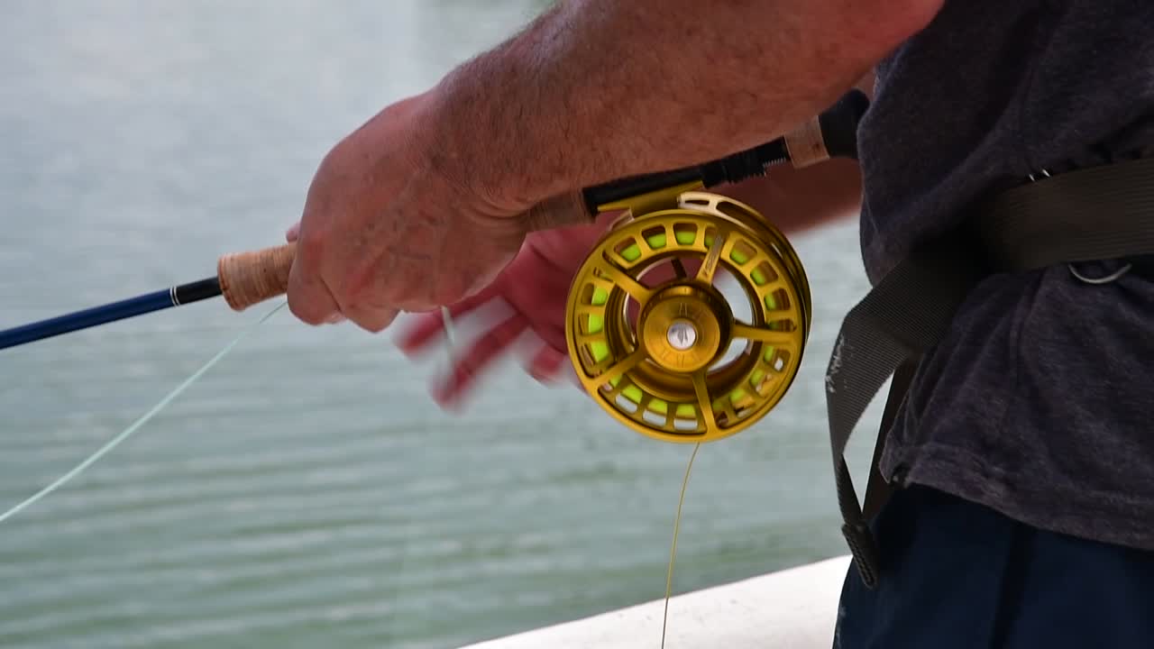 Closeup of Fly fisherman catch line in boat on the Caribbean sea Los roques National Park-Venezuela