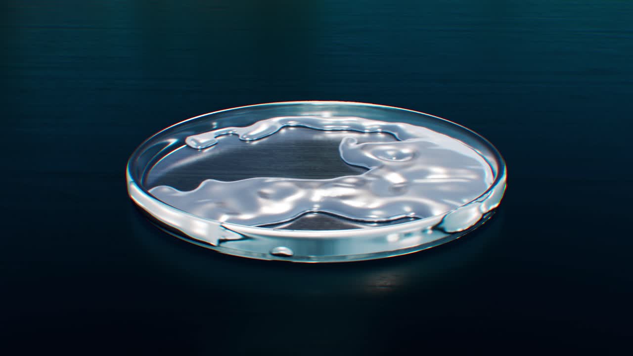 페트리플레이트에서 액체 수은 3d 시 ⁇ 레이션, 화학 애니메이션