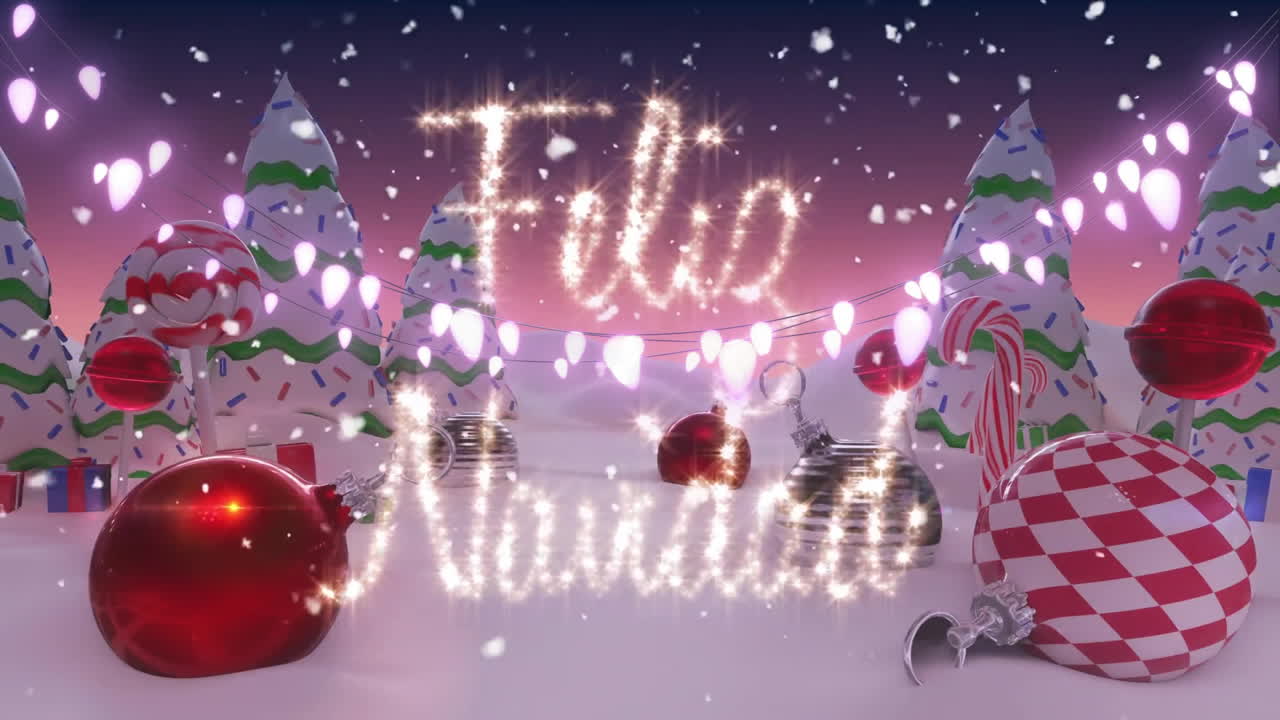 animación de nieve sobre bolas, palo, campana, texto de feliz navidad, árboles contra el cielo nocturno