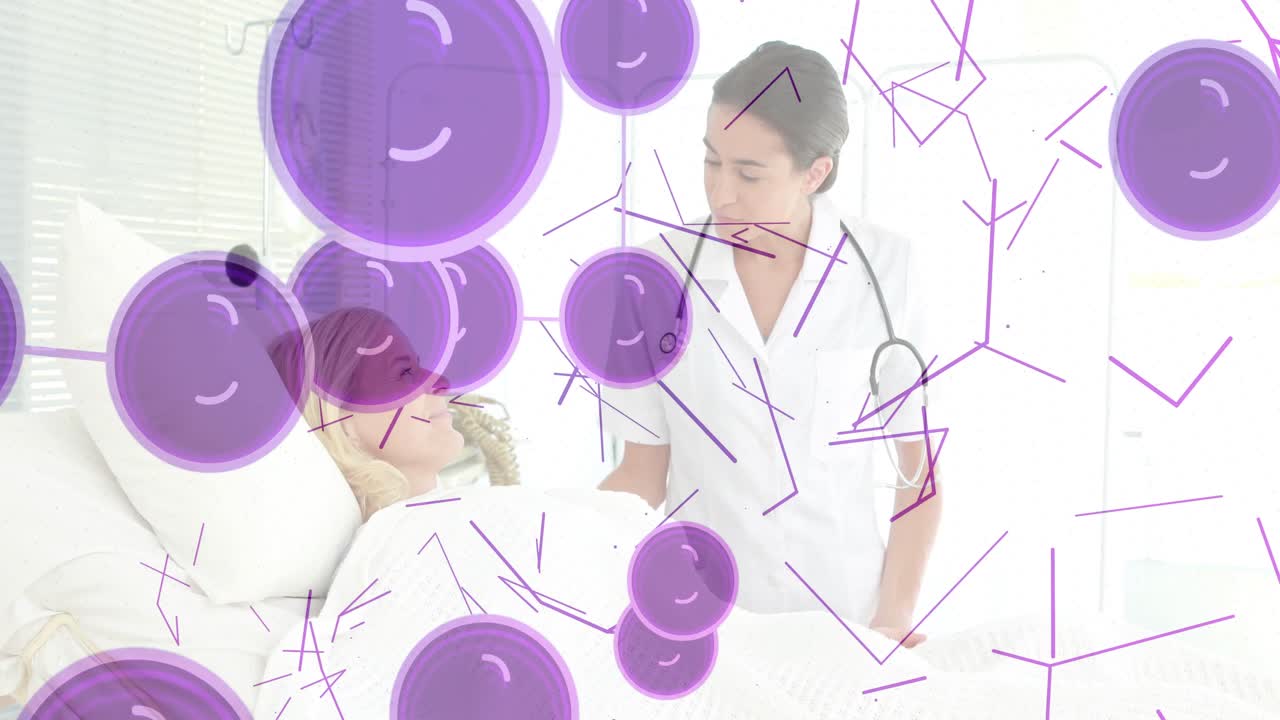 Female doctor leaning over patient in hospital room, network nodes illustrating health data flow