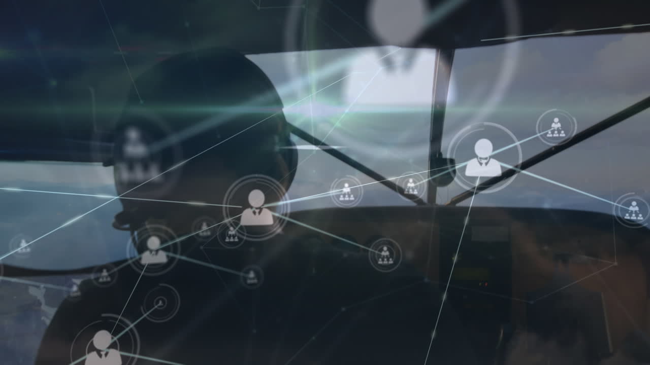 animación de perfiles que se conectan con líneas sobre vista trasera de pilotos volando helicóptero sobre la montaña