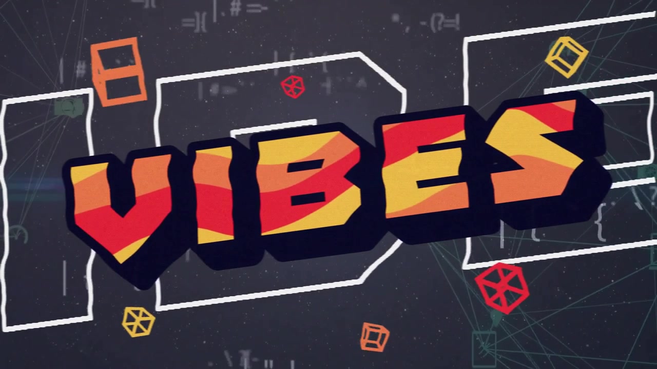 Animation of vibes text over data processing and network of connections on black background