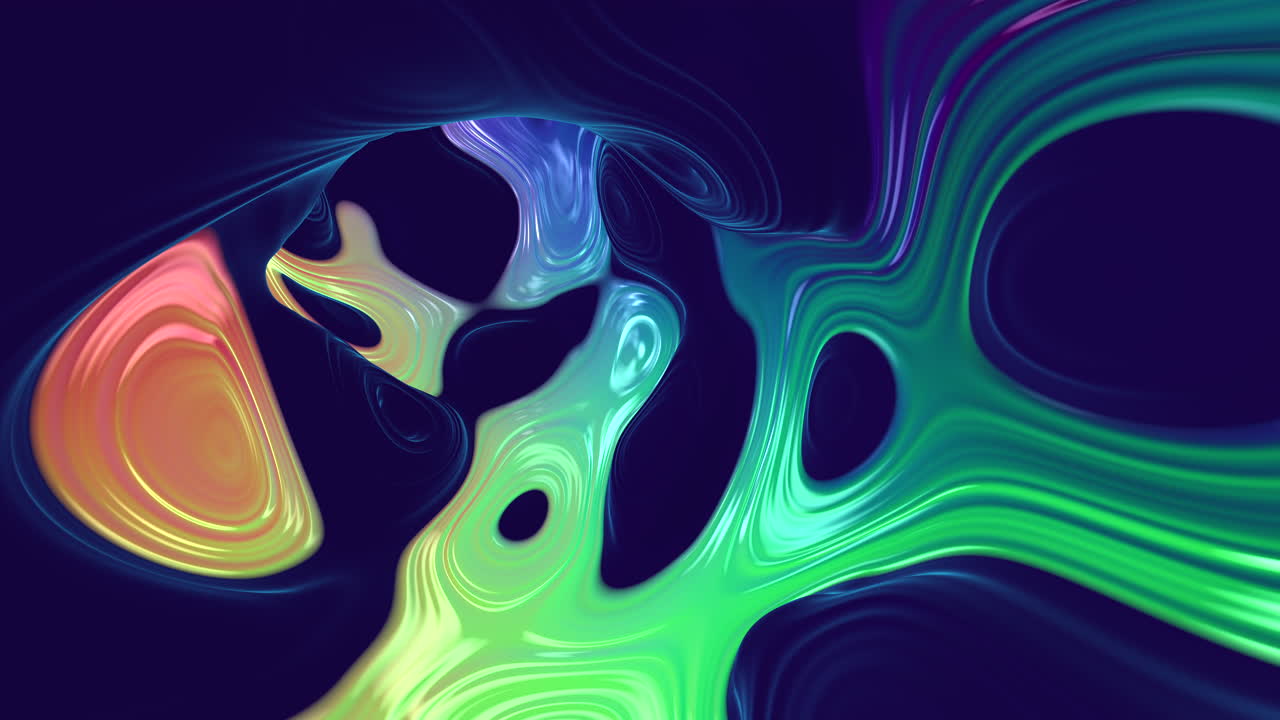 Vivid digital artwork showcases colorful, swirling shapes in a 3D design. Bright, vibrant hues merge and flow together, creating a dynamic and visually engaging composition
