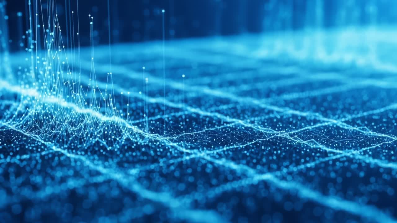 Captivating Visual of Abstract Data Representations in a Digital Landscape: An Examination of Vibrant Blue Grids and Dynamic Particle Movement, Perfect for Illustrating Data Streams