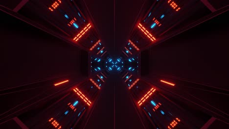 slow forward motion, illuminated space tunnel, red and blue neon lights, 3d