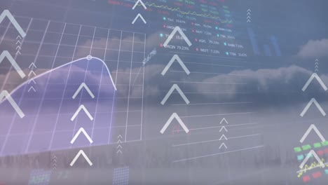 animation of data processing and arrows over cityscape and stock market